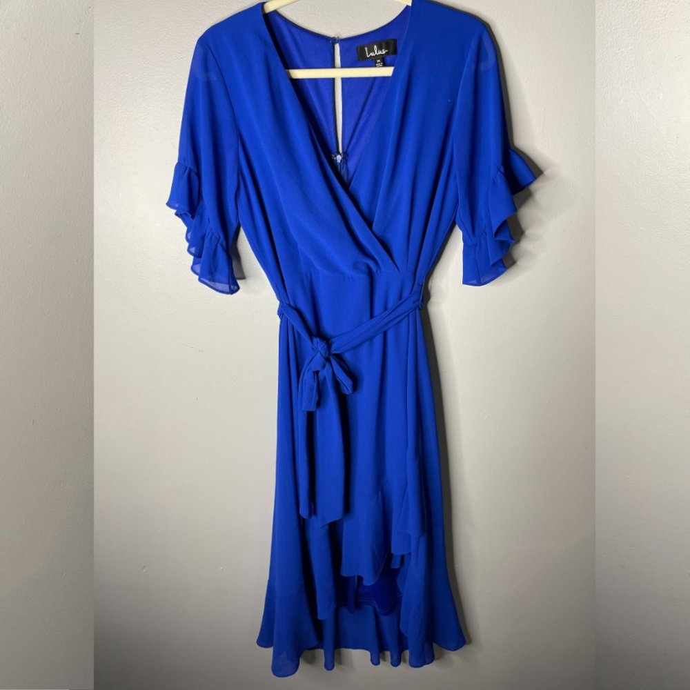 BLUE RUFFLED MIDI WRAP‎ DRESS